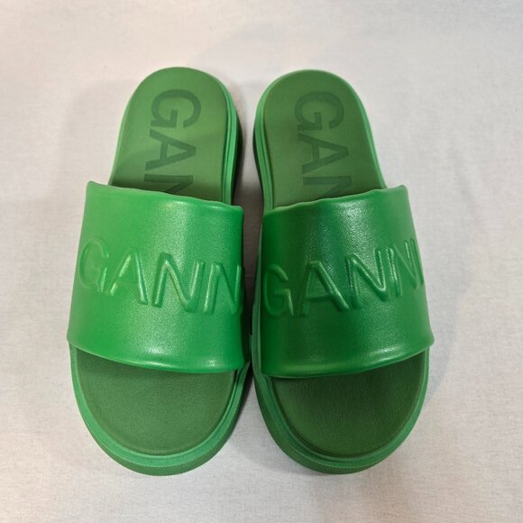 GANNI Green Vegea Slides Embossed Logo Slip-On Flat Platform Sandals Size 8.5/9. - Picture 4 of 16